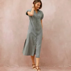 Robe-chemisier longue en jean, manches courtes