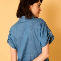 Robe-chemisier longue en jean, manches courtes