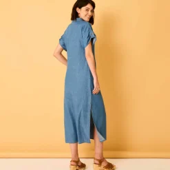 Robe-chemisier longue en jean, manches courtes
