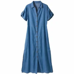 Robe-chemisier longue en jean, manches courtes