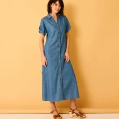 Robe-chemisier longue en jean, manches courtes