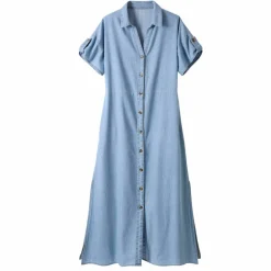 Robe-chemisier longue en jean, manches courtes