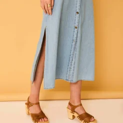 Robe-chemisier longue en jean, manches courtes