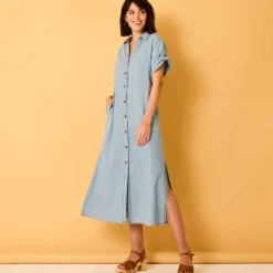 Robe-chemisier longue en jean, manches courtes