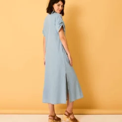 Robe-chemisier longue en jean, manches courtes