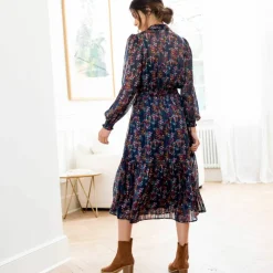 Robe-chemisier longue en voile jacquard imprimé floral