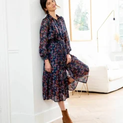 Robe-chemisier longue en voile jacquard imprimé floral