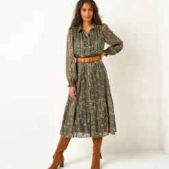 Robe-chemisier longue en voile jacquard imprimé floral
