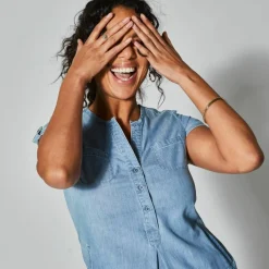 Robe col tunisien, denim léger