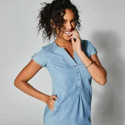 Robe col tunisien, denim léger