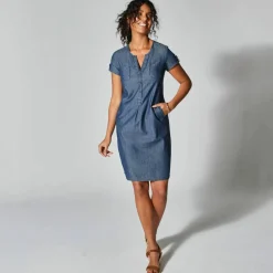 Robe col tunisien, denim léger