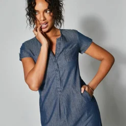 Robe col tunisien, denim léger