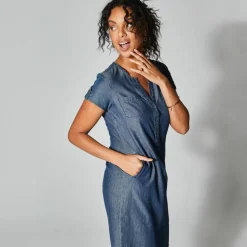 Robe col tunisien, denim léger