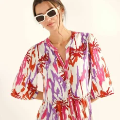 Robe col tunisien imprimée, manches évasées