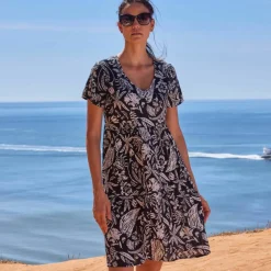 Robe col V courte imprimée, crépon