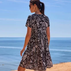Robe col V courte imprimée, crépon