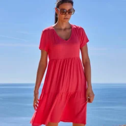 Robe col V courte unie, crépon