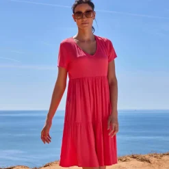 Robe col V courte unie, crépon