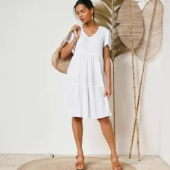 Robe col V courte unie, crépon