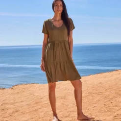 Robe col V courte unie, crépon