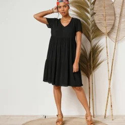 Robe col V courte unie, crépon