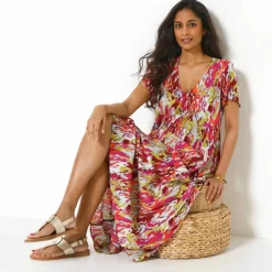 Robe col V longue imprimée, crépon