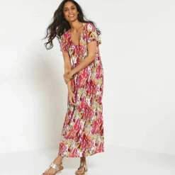 Robe col V longue imprimée, crépon