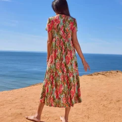 Robe col V longue imprimée, crépon