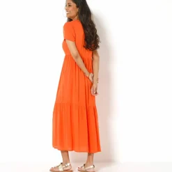 Robe col V longue unie, crépon