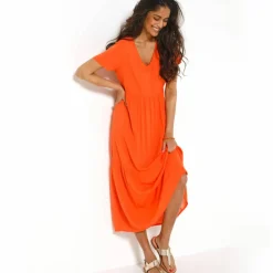 Robe col V longue unie, crépon