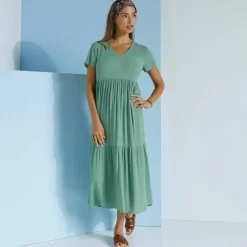Robe col V longue unie, crépon