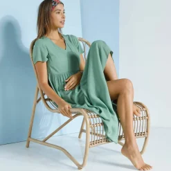 Robe col V longue unie, crépon