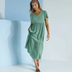 Robe col V longue unie, crépon