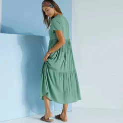 Robe col V longue unie, crépon