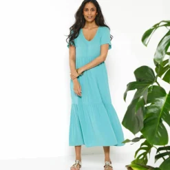 Robe col V longue unie, crépon