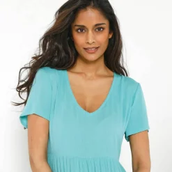 Robe col V longue unie, crépon