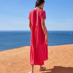 Robe col V longue unie, crépon