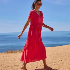 Robe col V longue unie, crépon