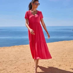 Robe col V longue unie, crépon