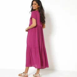 Robe col V longue unie, crépon