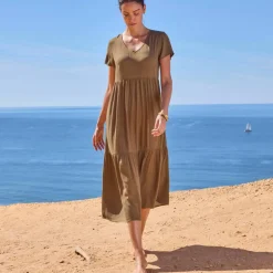 Robe col V longue unie, crépon