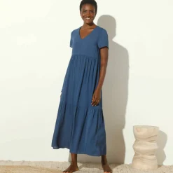 Robe col V longue unie, crépon