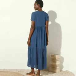 Robe col V longue unie, crépon