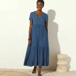 Robe col V longue unie, crépon