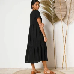Robe col V longue unie, crépon