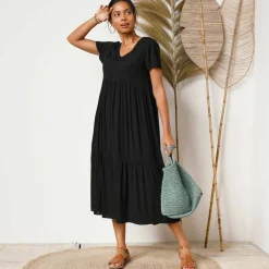 Robe col V longue unie, crépon