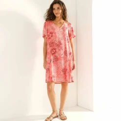 Robe col V manches courtes, voile jacquard imprimé