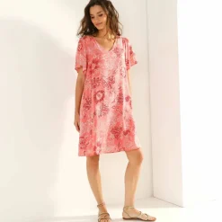 Robe col V manches courtes, voile jacquard imprimé