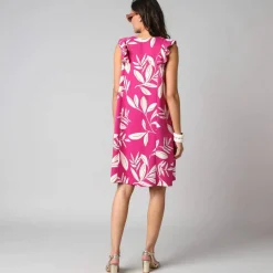 Robe courte col V imprimé feuillage, à mancherons volantés