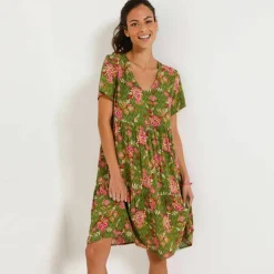 Robe courte col V imprimé fleuri, crépon
